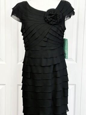 NWT London Style Nights Black Tiered Ruffle Floral Applique Sheath Dress 12